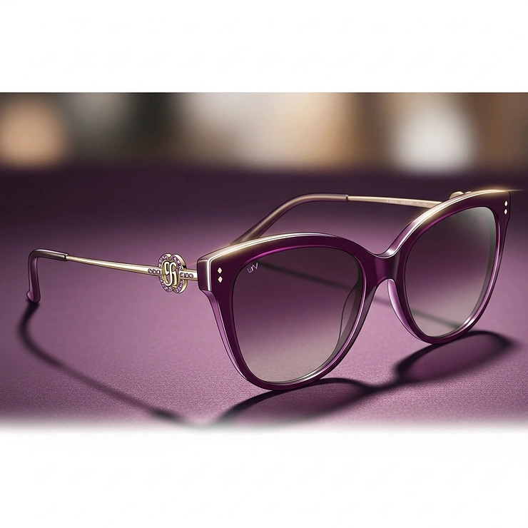 Elegant illustration of luxury purple designer sunglasses for women, highlighting premium quality.