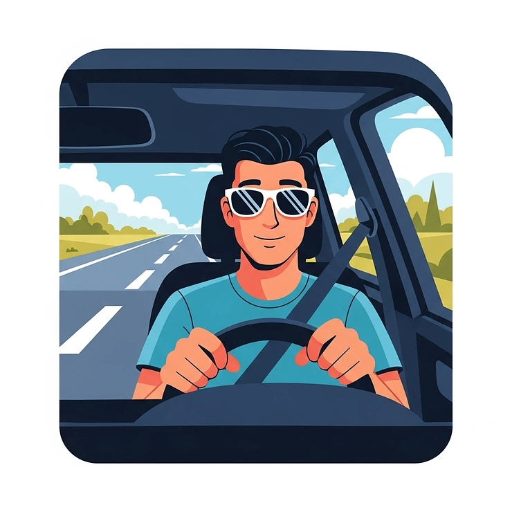 Illustration of a man wearing white sunglasses while driving, suggesting comfort and glare reduction for road trips.