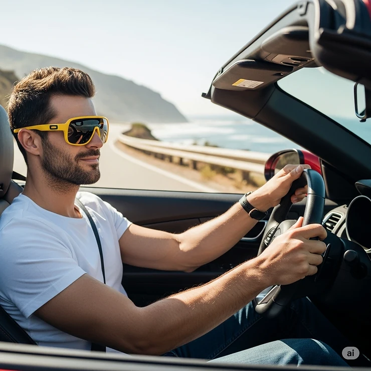 Man driving with a clear view through his performance-enhancing mens yellow sport sunglasses.