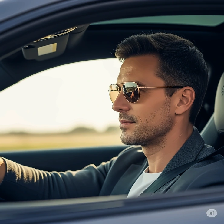A man wearing cool gold sunglasses while driving, capturing a relaxed and sophisticated lifestyle moment.