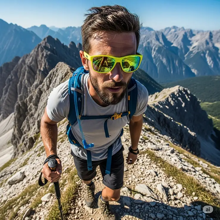Adventurous man hiking, wearing mens yellow polarized sunglasses for clear vision on the trail.