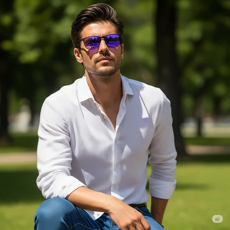 Handsome man confidently wearing sleek purple color sunglasses outdoors.