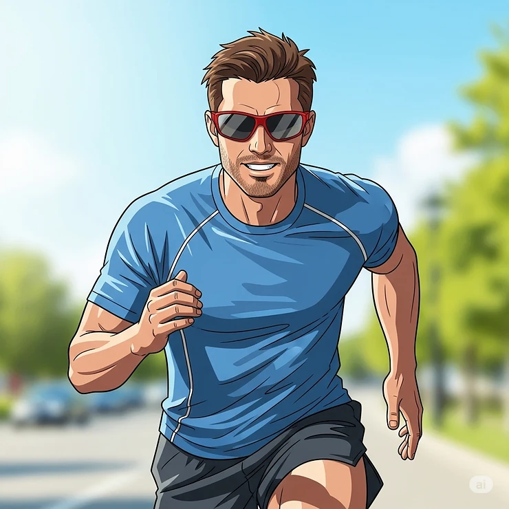 Illustration of a man with an active lifestyle wearing sporty red sunglasses, ideal for running or cycling.