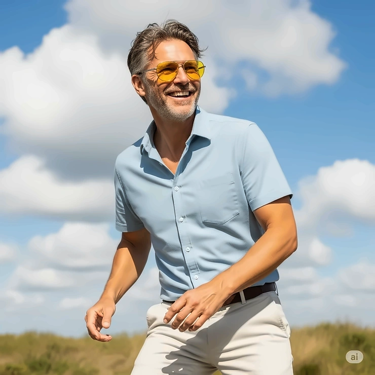 Man smiling while wearing classic yellow lens aviator sunglasses outdoors, showcasing their timeless appeal and sun protection.