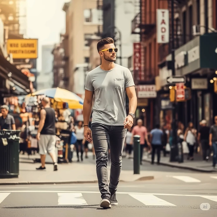 Man walking confidently on a city street, sporting modern yellow frame sunglasses that complement his casual outfit.