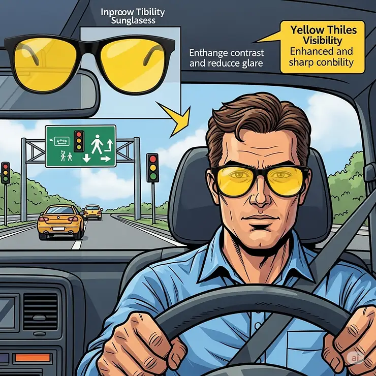 Man wearing yellow tinted sunglasses while driving, showcasing improved visibility.