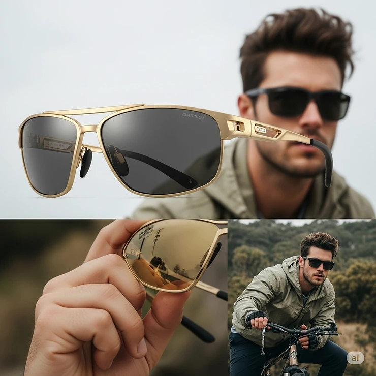 A pair of masculine gold frame sunglasses with a sporty design, showcasing durability and modern style for men.