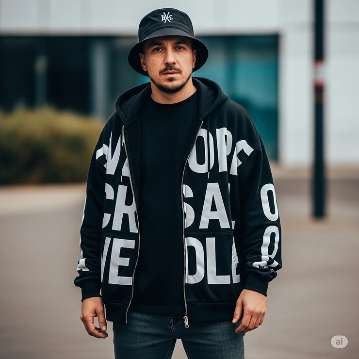 A man confidently wearing a black short brim bucket hat as part of a modern streetwear outfit.