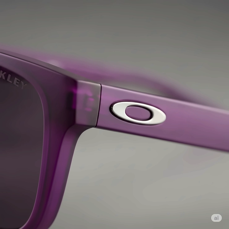 Macro shot of the distinctive Oakley 'O' logo subtly integrated into the design of purple Oakley sunglasses, ensuring brand recognition.