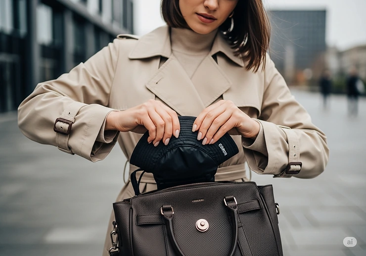 A lightweight and packable womens rain hat being neatly folded into a stylish handbag, showcasing its convenient and travel-friendly design.