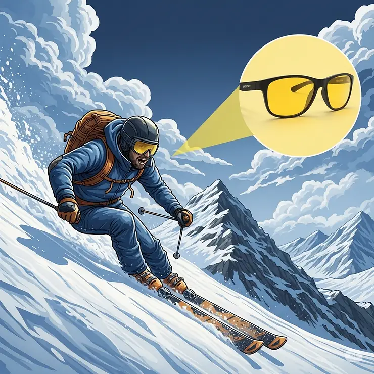 Skier wearing yellow tinted sunglasses on a snowy mountain, illustrating enhanced contrast in bright conditions.