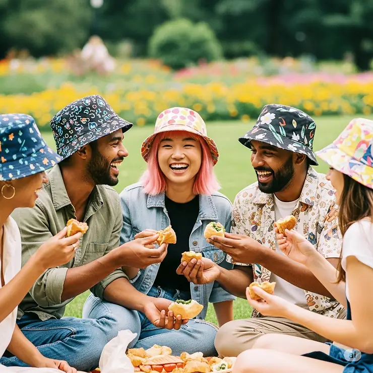 A diverse group of friends wearing various colorful bucket hats while picnicking in a park on a bright summer afternoon.