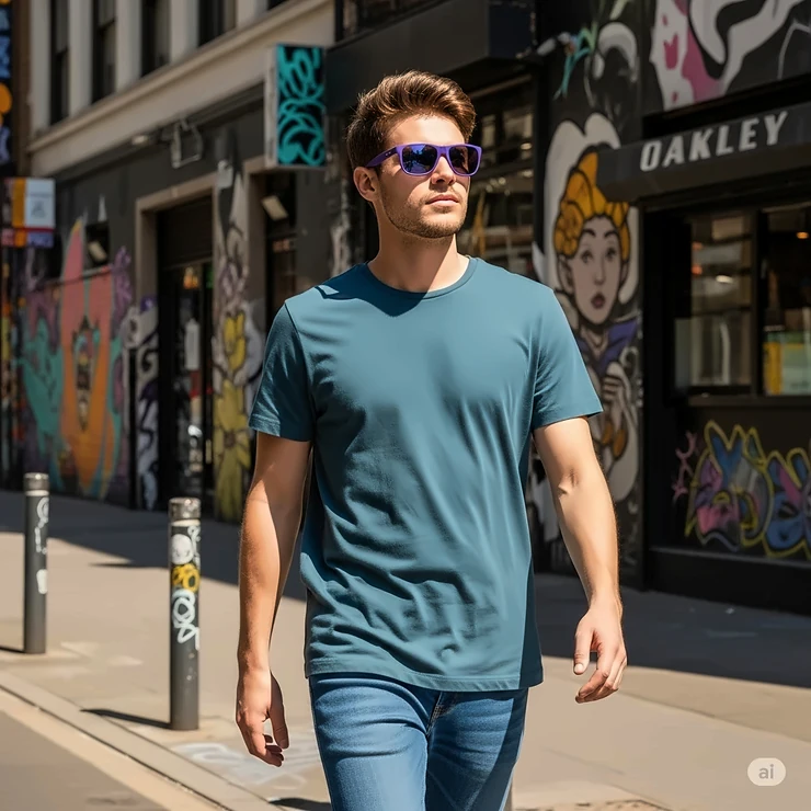 A person casually wearing purple Oakley sunglasses in an urban setting, illustrating their versatility for everyday fashion and comfort.