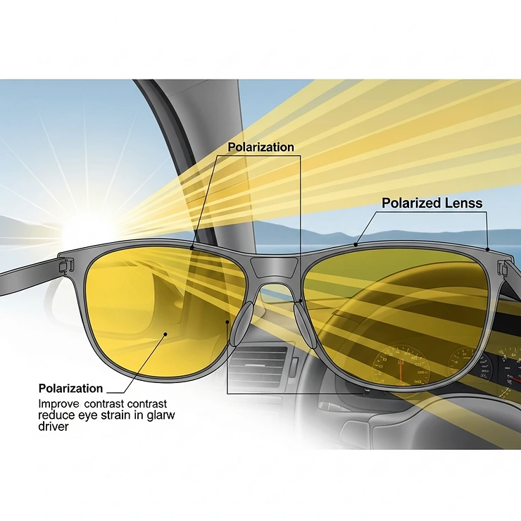 Technical illustration of polarized yellow sunglasses with light rays, demonstrating their benefits for clear vision while driving.
