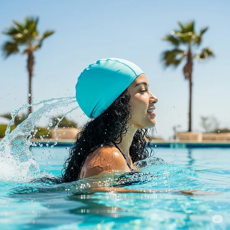 A person enjoying a swim while wearing a comfortable and quick-drying pool hat, demonstrating its use in water.