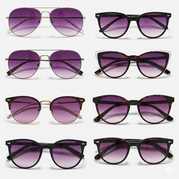 Assortment of different styles of purple lens sunglasses, from aviator to cat-eye, showcasing variety.