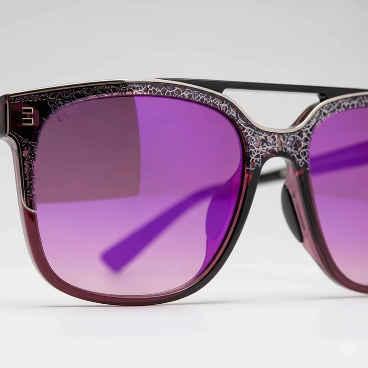 Close-up view highlighting the vibrant purple lenses and intricate frame details of fashionable sunglasses.