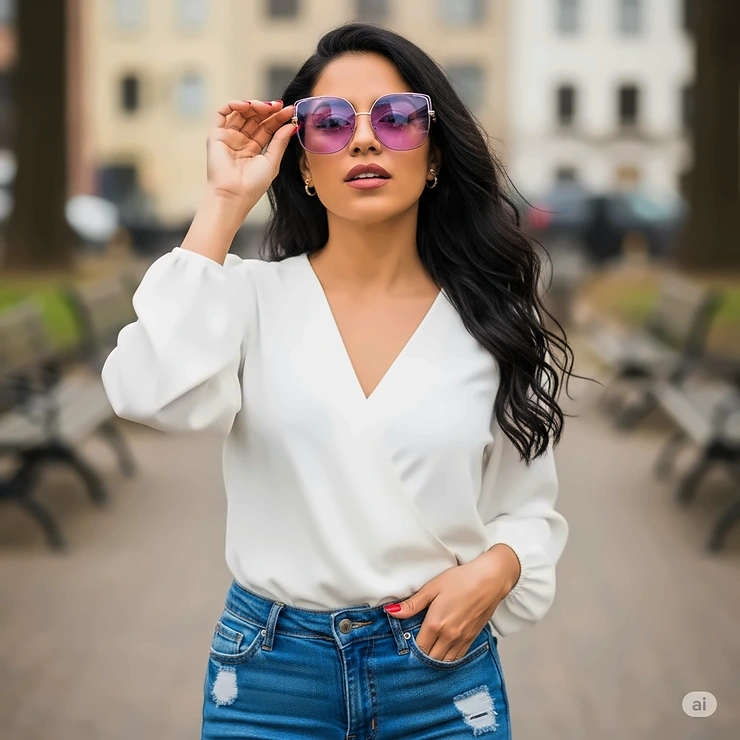 Stylish woman wearing trendy purple lens sunglasses outdoors, showcasing a modern accessory.