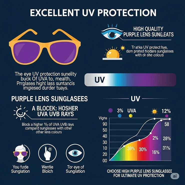 Infographic illustrating the excellent UV protection benefits offered by high-quality purple lens sunglasses.