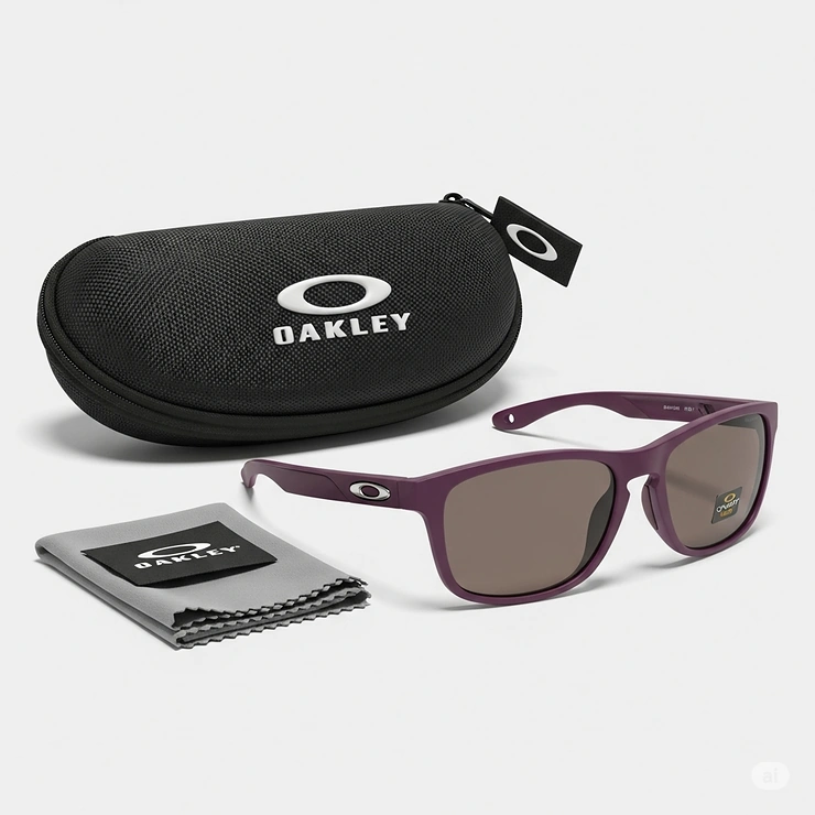 Purple Oakley sunglasses accompanied by their protective carrying case and cleaning cloth, emphasizing product care and authenticity.