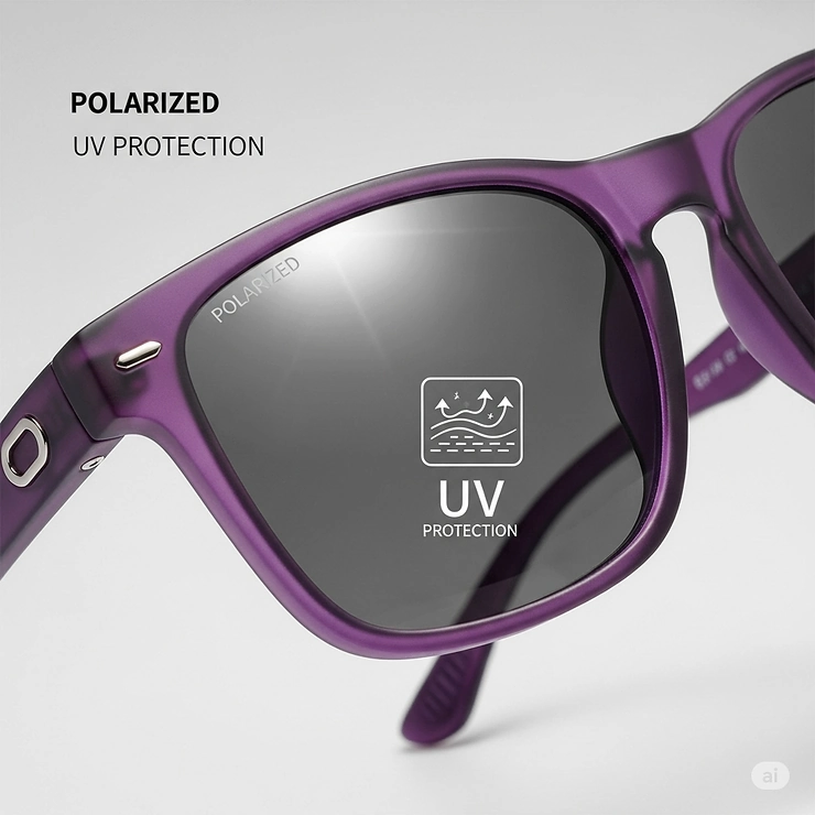 Detail shot of purple color sunglasses with polarized lenses, highlighting UV protection.