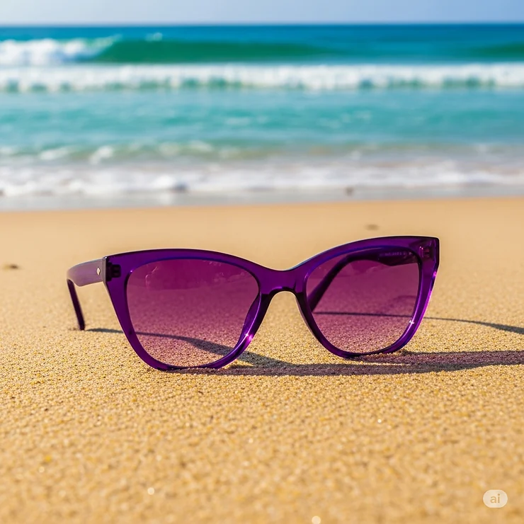 Purple cat-eye sunglasses resting on a sandy beach with ocean in background