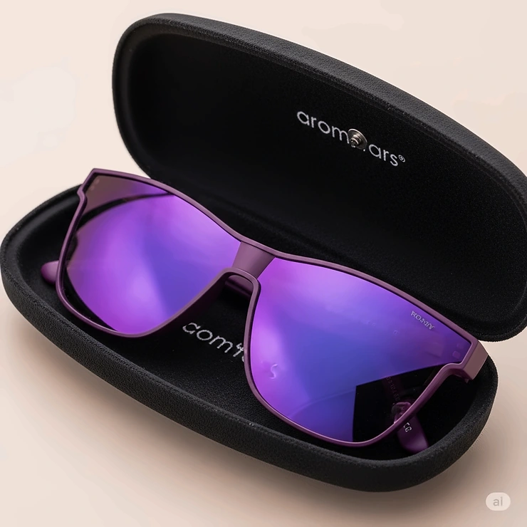 Purple sunglasses neatly placed inside a protective carrying case