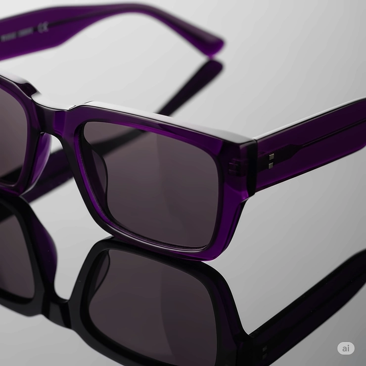 Close-up of sleek, modern purple sunglasses on a reflective surface