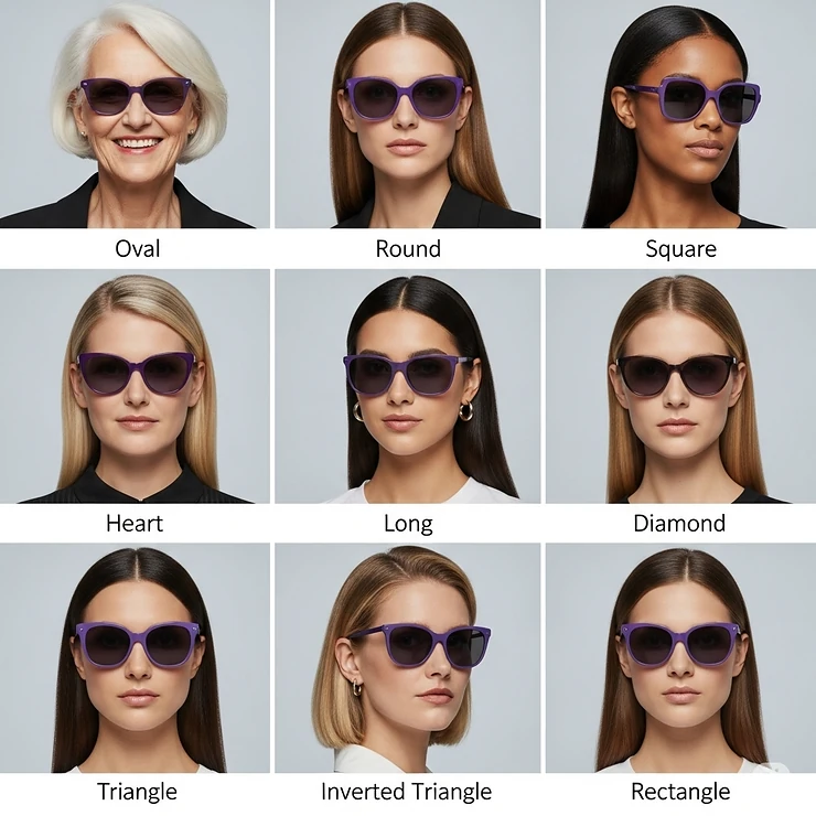 Visual guide showing purple sunglasses flattering various women's face shapes.