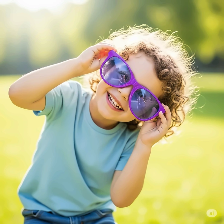 Child happily trying on oversized purple sunglasses for fun