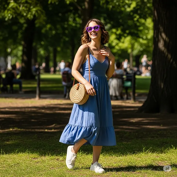 Person enjoying a casual day out, accessorized with vibrant purple color sunglasses.