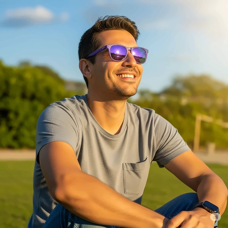 Man smiling and wearing cool purple sunglasses, enjoying the sun
