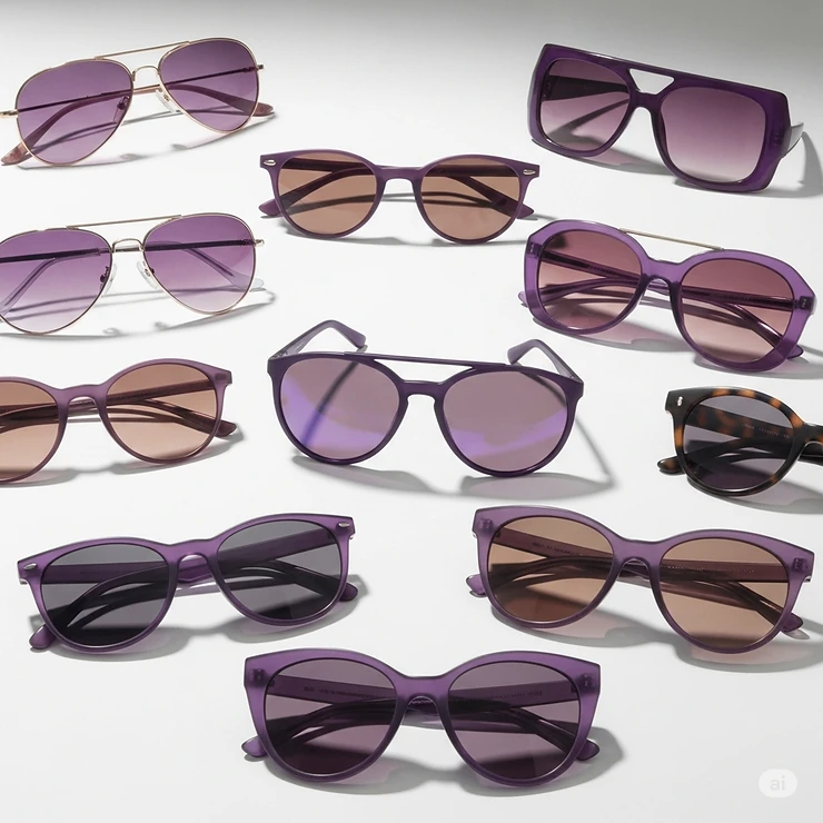 Collection of various styles of purple sunglasses, including aviator and round frames