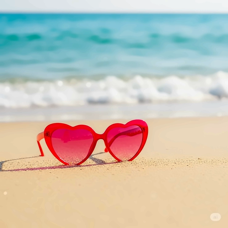 Red heart sunglasses resting on a sandy beach, with a blurred ocean background, perfect for summer.