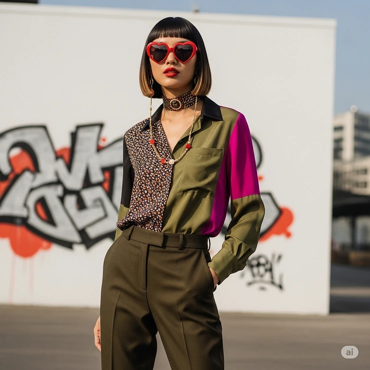 Fashionable outfit accessorized with chic red heart sunglasses, highlighting a fun and bold style statement.