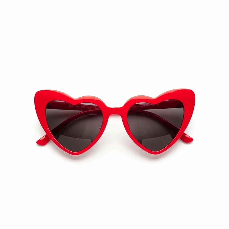 Clean product shot of a pair of red heart sunglasses on a white background, ideal for e-commerce.