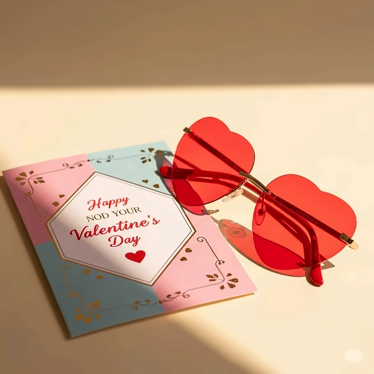 Romantic red heart sunglasses placed next to a Valentine's Day card, symbolizing love and affection.