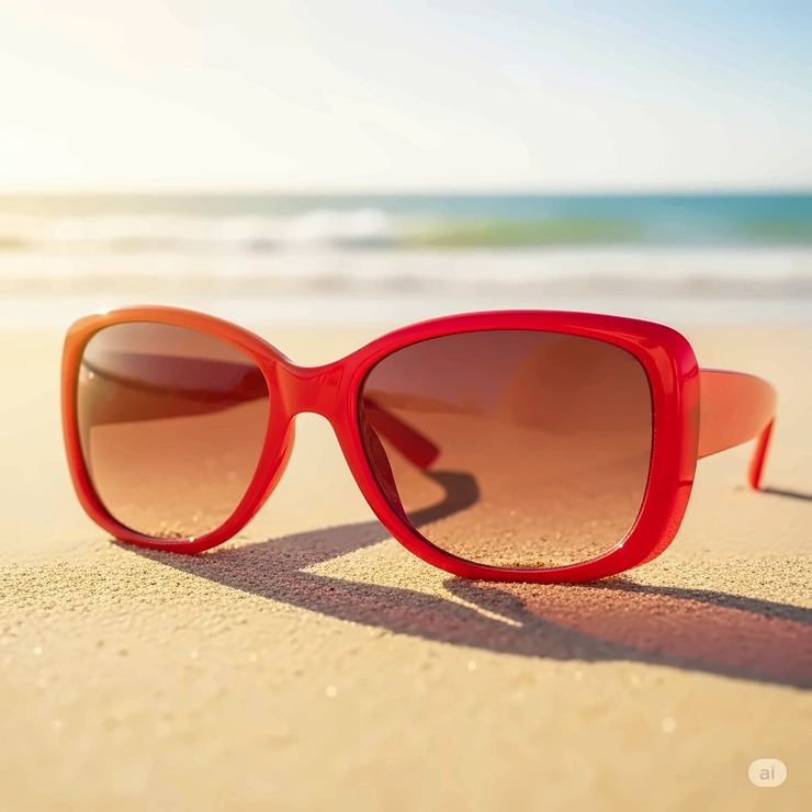 Red ladies sunglasses resting on a sandy beach, ideal for vacation wear and bright sunny days.