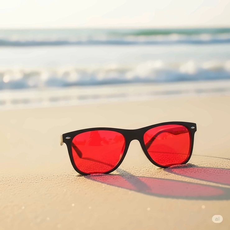 Red lens sunglasses resting on a sandy beach, evoking a sense of summer, sun protection, and vacation style.