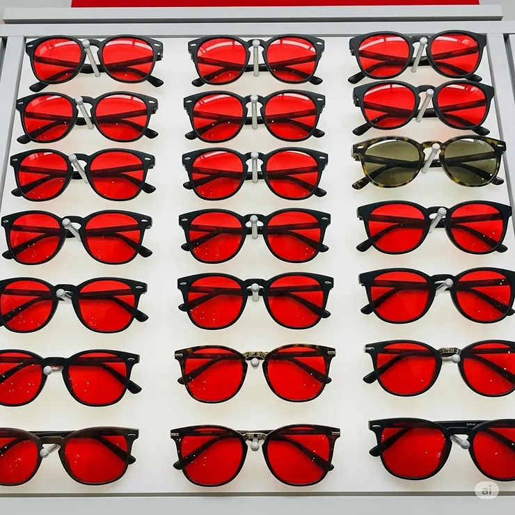 Collection of red lens sunglasses neatly arranged on a retail display, showcasing their availability and attractive design.
