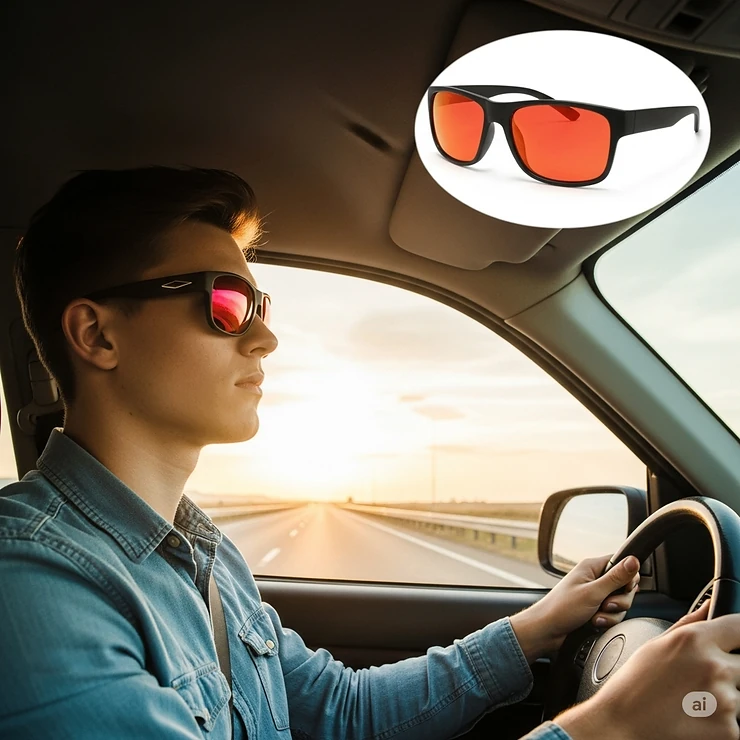 Driver confidently wearing red lens sunglasses, demonstrating glare reduction and clear vision on the road.
