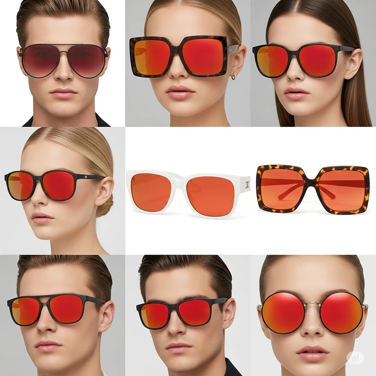 Assortment of sunglasses with red lenses in various frame styles, offering diverse fashion choices for men and women.