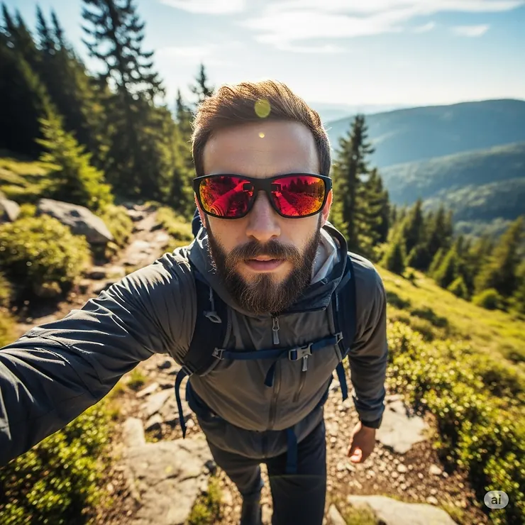 Hiker enjoying the outdoors wearing durable red lens sunglasses, ideal for outdoor activities and eye protection.
