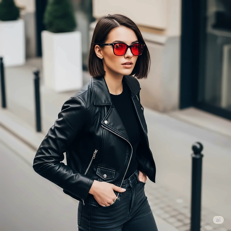 Stylish person wearing modern red lens sunglasses, showcasing a trendy and protective eyewear option.