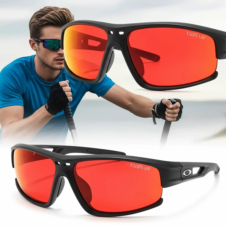 Sporty red lens sunglasses designed for active individuals, offering performance and eye safety during athletics.