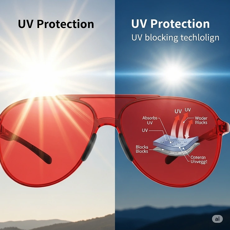 Visual representation of UV protection for red lens sunglasses, emphasizing their ability to block harmful sun rays.