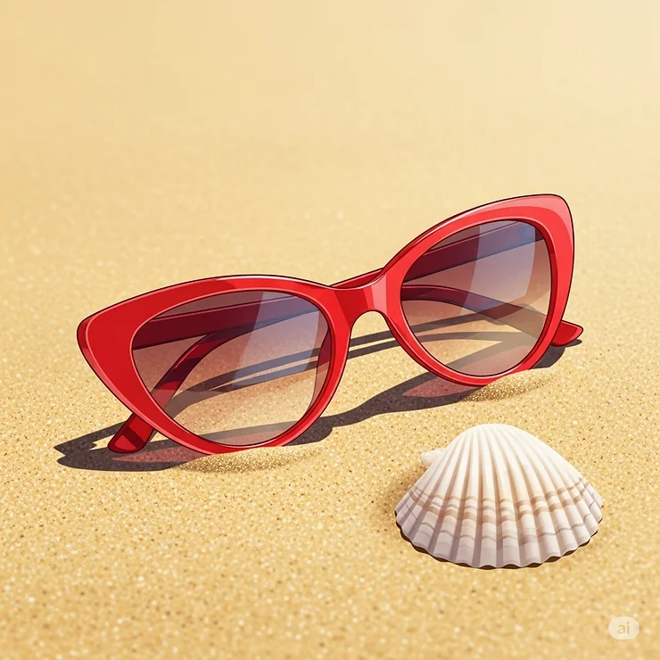 Illustration of red cat-eye sunglasses resting on a sandy beach next to a seashell, perfect for summer.
