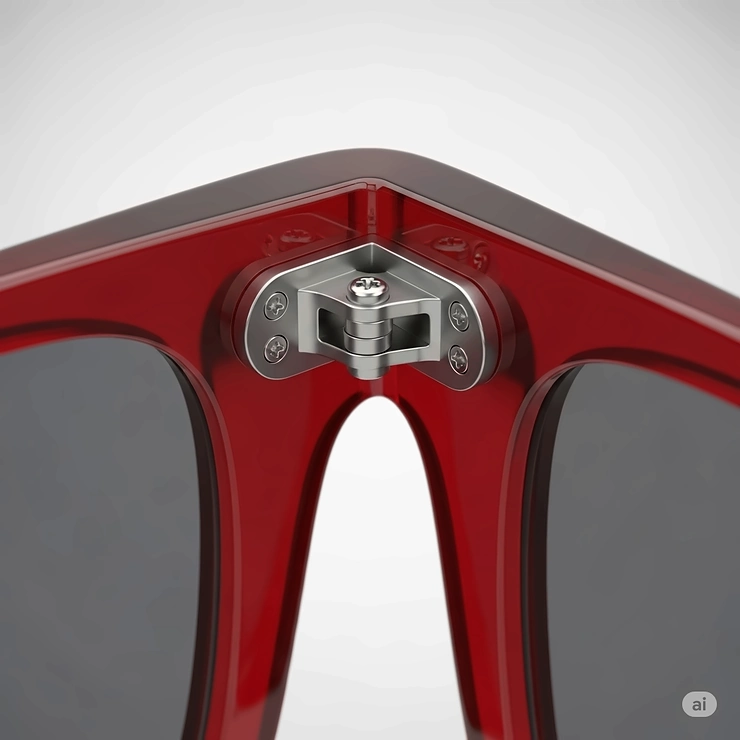 Macro illustration focusing on the intricate details of a red sunglass frame and hinge.