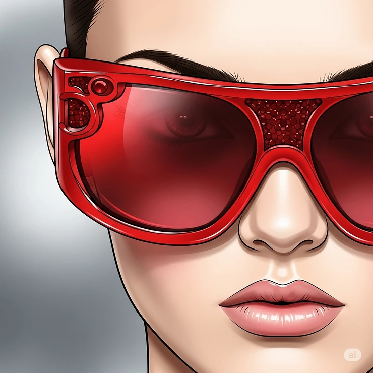 Close-up illustration of a model's face partially obscured by oversized red fashion sunglasses, highlighting their bold design.