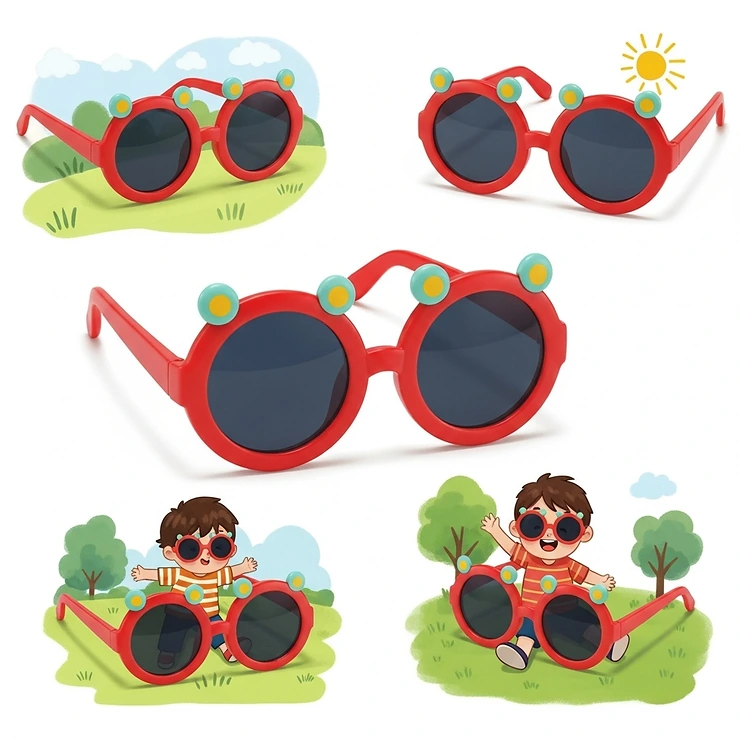 Playful illustration of small red sunglasses designed for children, emphasizing fun and protection.